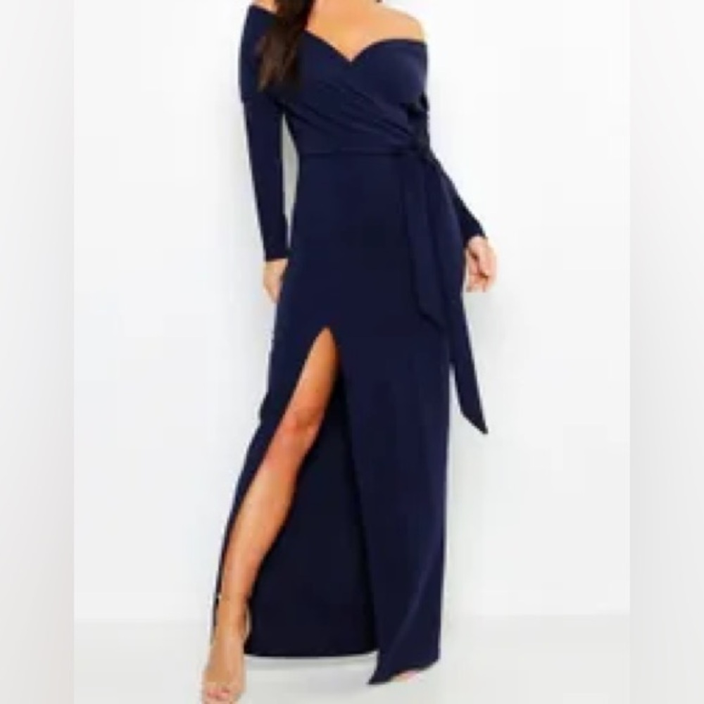 Boohoo Navy Long Sleeve Off-Shoulder Dress